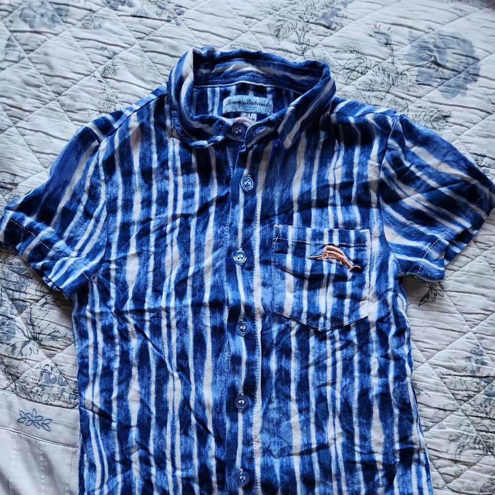 Tommy Bahama Toddler Boys Indigo Blue White Stripe Rayon Button Down Shirt 2T
